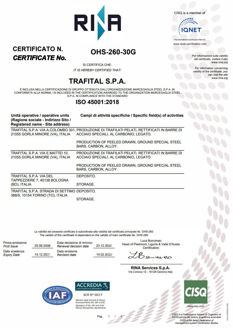 Trafital 45001 certification