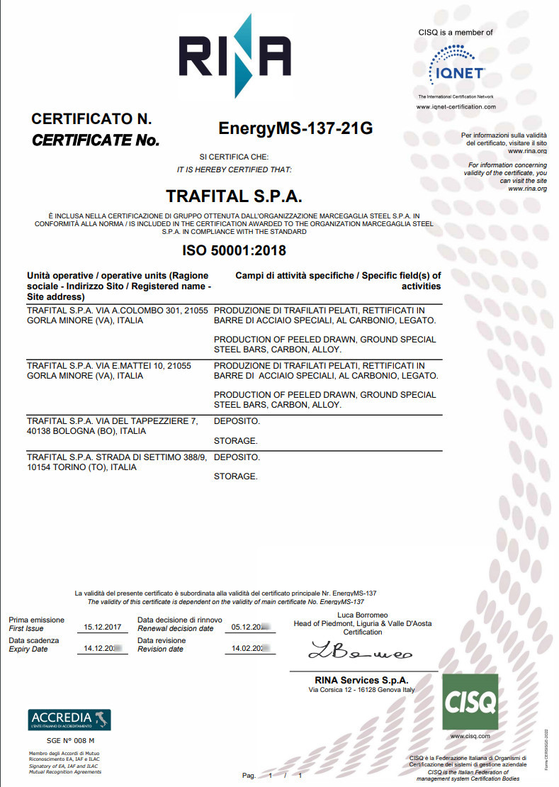 Trafital 50001 certification